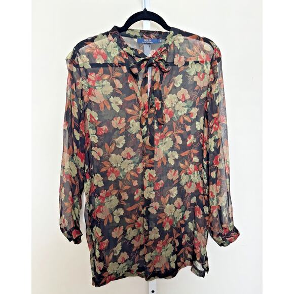 Polo Ralph Lauren Floral Silk Blouse Sheer Chiffon Tunic Length Tie Neck Size 4 - Picture 1 of 11